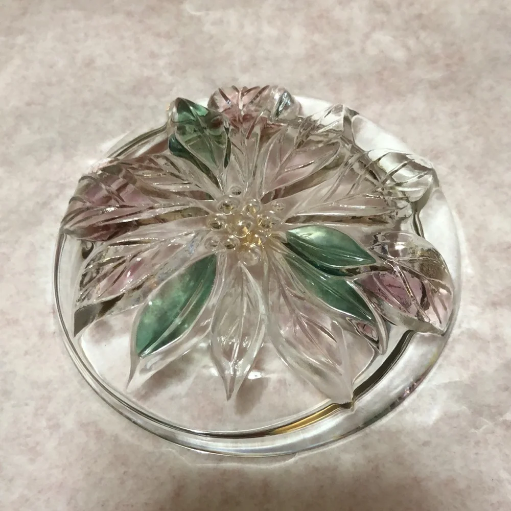 Savoir Vivre Crystal Holiday Spirit Pink Poinsettia Floral Candy Dish Japan 5”